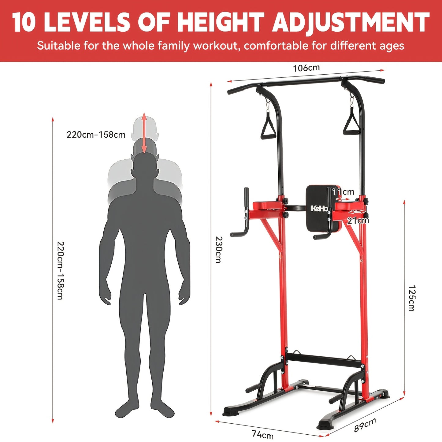 Verstelbare Pull-Up Bar Stand – Optrekstang – Klimrek – Fitnessrek – Trainingsrek – Zwart Rood – Verstelbare Hoogte 140-190 cm – Stevig Staal 120 kg Belastbaar
