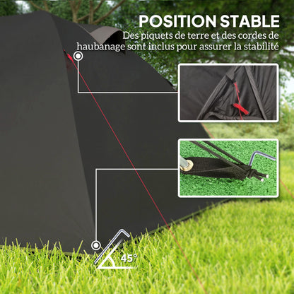 Familietent – Kampeertent – Buitentent – Tunneltent – Tent voor 4 Personen – Lichtgewicht Glasvezelframe – 3 Deuren en Ramen – Zwart – 360x250x130 cm