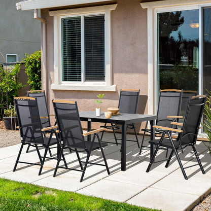 Tuinset 6 Personen – Tuinmeubelset – Buitenmeubelen – Terrasset – Balkonset – Verstelbare Rugleuningen – Duurzaam Aluminium Frame – Houtlook Tafelblad – Inklapbare Stoelen – Zwart