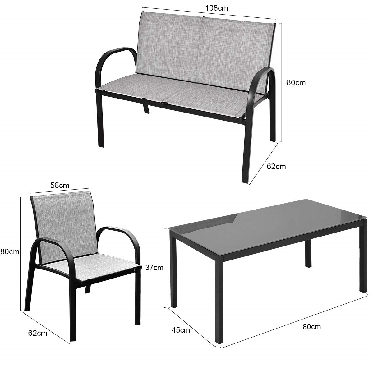 Tuinset 4-delig – Loungeset – Balkonmeubilair – Terrasmeubels – Buitenmeubels – Gepoedercoat IJzer – Gehard Glas Tafelblad