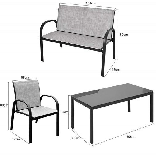 Tuinset 4-delig – Loungeset – Balkonmeubilair – Terrasmeubels – Buitenmeubels – Gepoedercoat IJzer – Gehard Glas Tafelblad