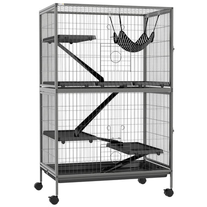 Multifunctional Rodent Cage by Pawhut with 4 Platforms, 3 Ramps, 4 Doors, Size 80L x 52W x 128H cm, Steel, Silver Gray, Black