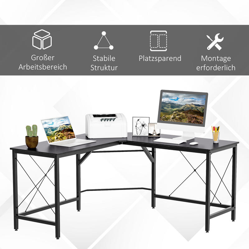 Modern L-Shaped Corner Computer Desk with Storage Shelf - Heavy-Duty MDF & Steel Construction, Space-Saving Home Office Desk with Spacious Work Surface, Black Finish, 150x150x76cm (59"x59") - Ideal for Dual Monitor Setup, Stu