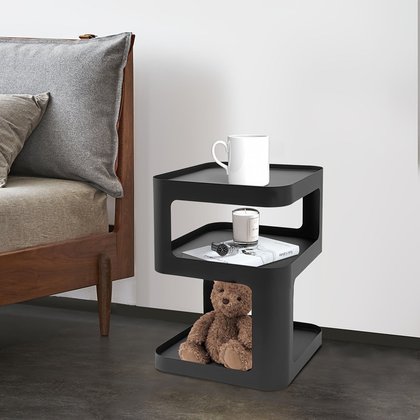 Nachtkastje – Bijzettafel – Ladekastje – Houten Kastje – Wandkast – 3 Lagen – Zwart Metalen Carbonstaal – Compact 40x40x55 cm