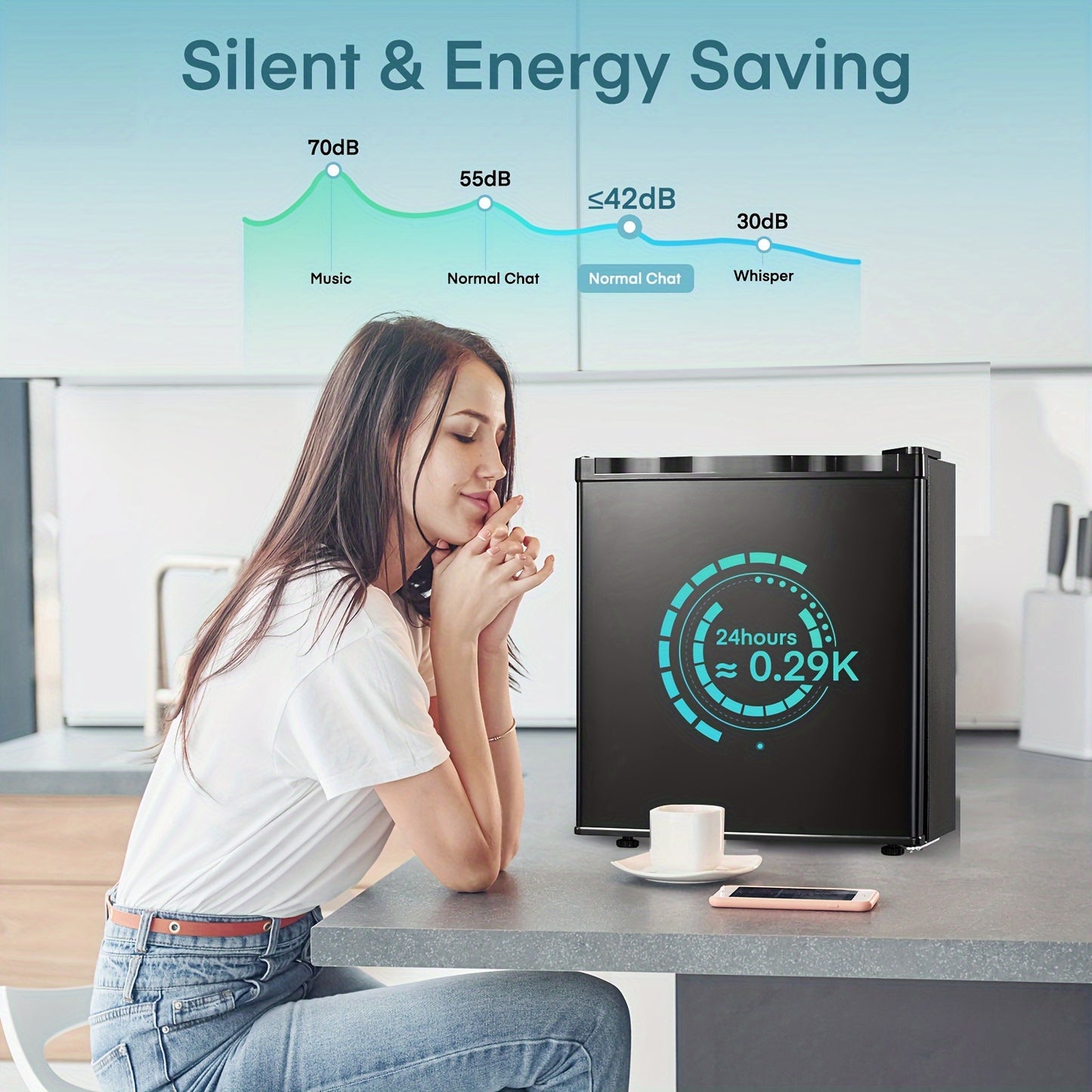 Mini Koelkast – Minibar – Tafelmodel – Kleine Koelkast – Compacte Koelkast – 46 Liter Inhoud – Met Vriesvak – Energiezuinig E-Klasse – 42 dB Stil Geluid – Verstelbare Deurtjes & Temperatuur