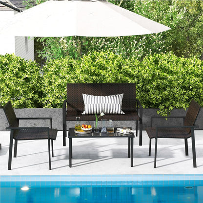 Polyrattan Tuinmeubelset – Tuinset – Loungeset – Balkonset – Terrasmeubelen – 4-Delig Met 2 Stoelen, Bank & Tafel – Weerbestendig Metaalframe – Gehard Glas Blad – Bruin