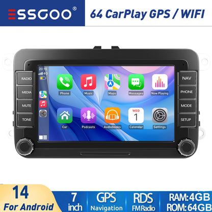 ESSGOO 4+64G Android 14 Car Stereo Compatible with VW Models Such As Caddy, Golf MK5, Golf 6, Polo, Passat, And Seat, Featuring RCD330 with Carplay And Android Auto, a 7-Inch 17.78Cm HD-IPS Touchscreen, WIFI, GPS Navigation,