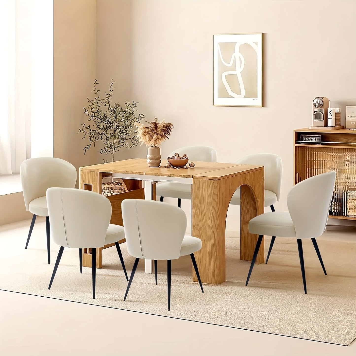 Eetkamerstoel – Stoel – Kuipstoel – Woonkamerstoel – Bureaustoel – Set Van 6 – Modern Kunstleer – Met Armleuning – Beige