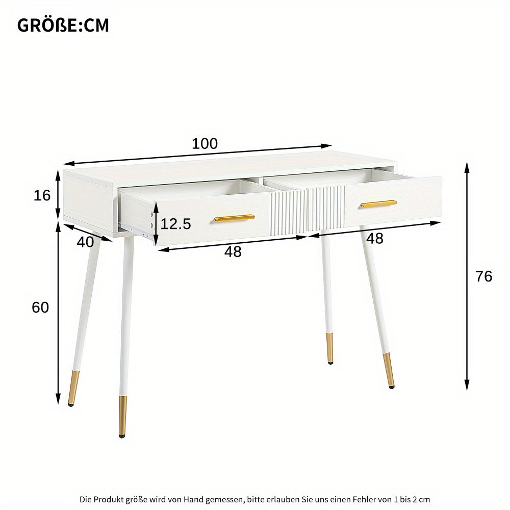 Kaptafel – Make-uptafel – Schminktisch – Dressing Table – Toilettafel – Wit – Met Metalen Gouden Poten – 2 Uitschuifbare Laden – Compact Formaat 40 cm Diep