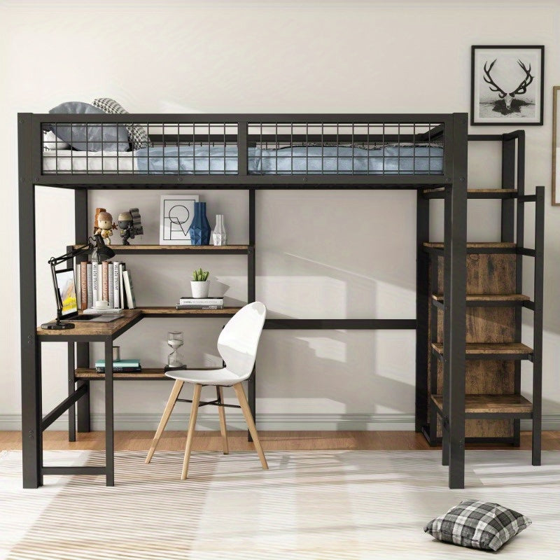 Hoogslaper – Stapelbed – Bedbank – Mezzanine Bed – Bed met Kast – Zwart + Bruin – 140x200 cm – Met Stabiel Metalen Frame
