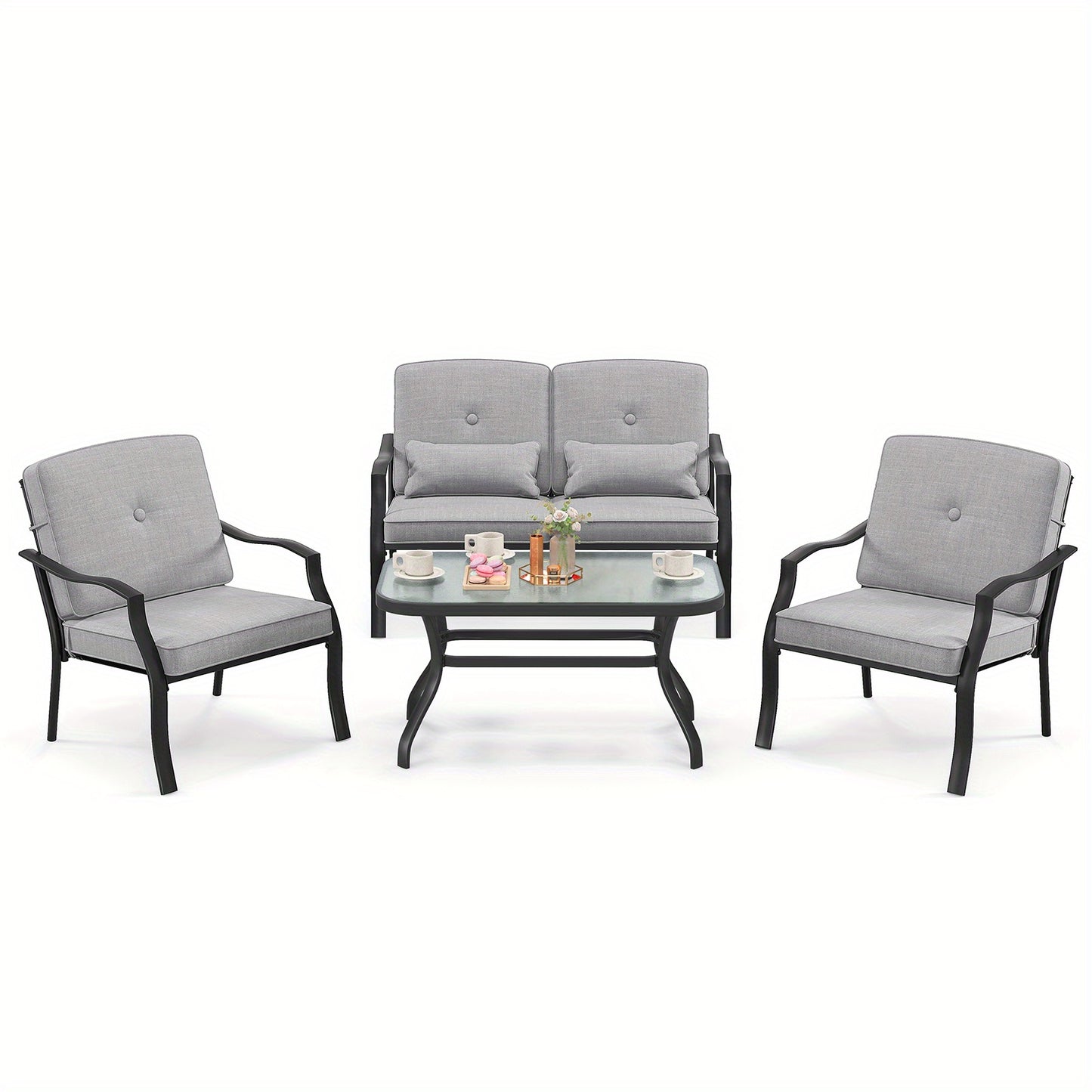Tuinmeubelen – Loungeset – Loungesetbank – Tuinset – Balkonset – Met Zachte Kussens – Met Gehard Glas Tafelblad – Robuust Metalen Frame – Comfortabele Zit