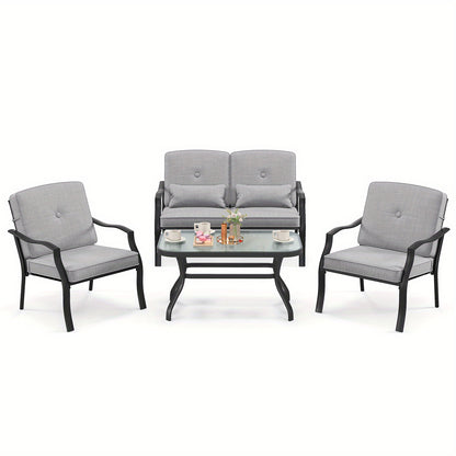 Tuinmeubelen – Loungeset – Loungesetbank – Tuinset – Balkonset – Met Zachte Kussens – Met Gehard Glas Tafelblad – Robuust Metalen Frame – Comfortabele Zit