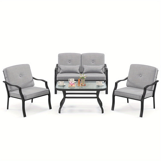 Tuinmeubelen – Loungeset – Loungesetbank – Tuinset – Balkonset – Met Zachte Kussens – Met Gehard Glas Tafelblad – Robuust Metalen Frame – Comfortabele Zit