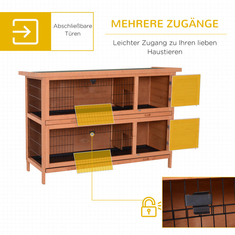 Double-Story Small Animal Hutch with Ramp & Removable Ramp Door - Sturdy Fir Wood Guinea Pig Cage, Rabbit House with Lower Storage Shelf, Spacious Two-Level Design, Easy-Clean Sliding Tray & Ventilation Mesh - 53.5"x19.7"x36.
