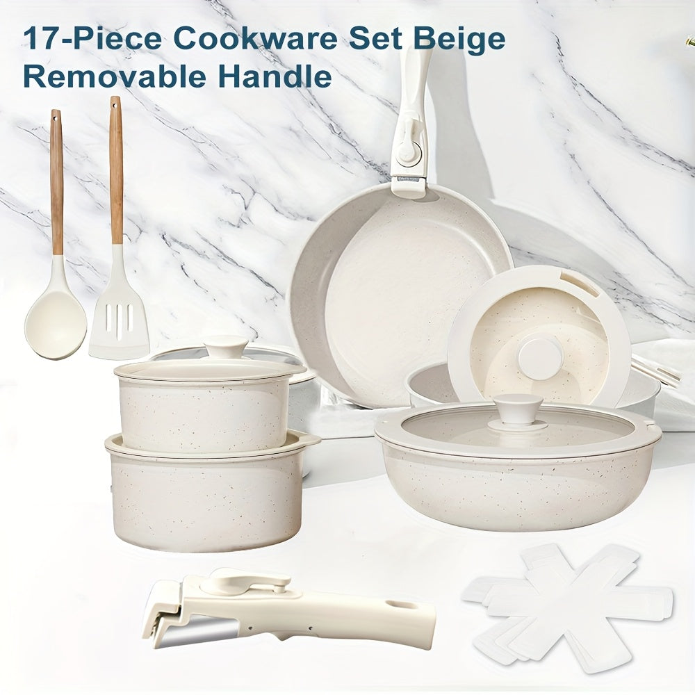 Keramische Pannenset – Kookpannenset – Koekenpannen – Non-stick Pannen – Kookgerei Set – 17-delig – Afneembare Handgrepen – Geschikt Voor Oven & Vaatwasser