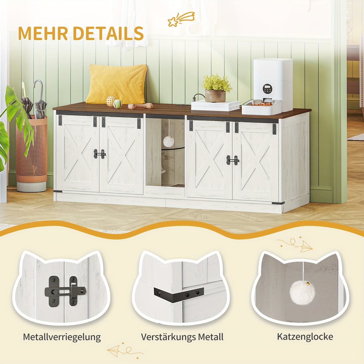Cat Cabinet, Cat Litter Box Cabinet, 140cm Hidden Cat Litter Box, Can Hold 2 Cats, Indoor Cat House with Cat Bell, Brown and White