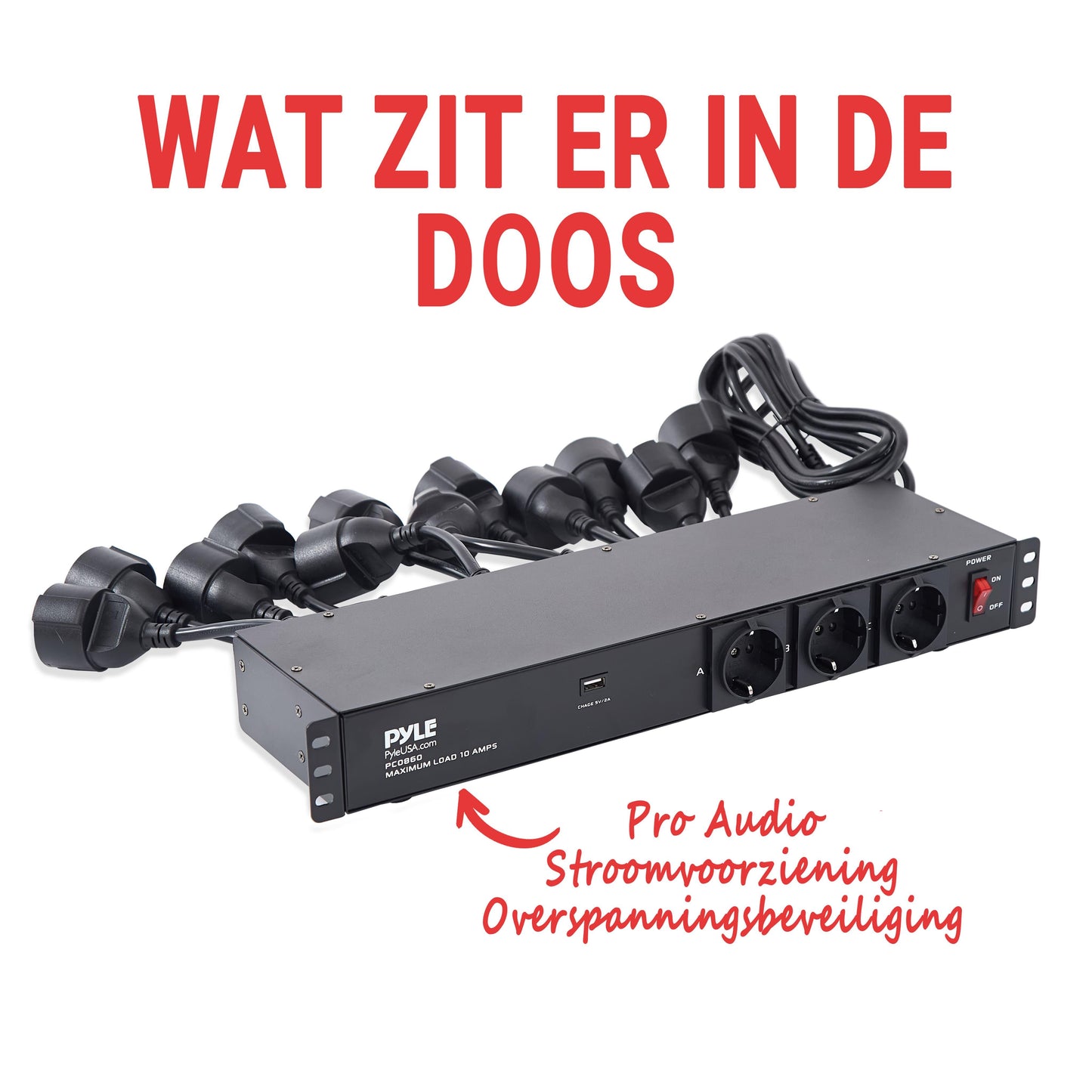 Stekkerdoos – Stroomverdeler – Aansluitunit – Stopcontacten – Multistekker – 16 Vaste Uitgangen – Ingebouwde USB 5V/2A – Overspanningsbeveiliging – 4,57m Kabel – 1U Rackmount