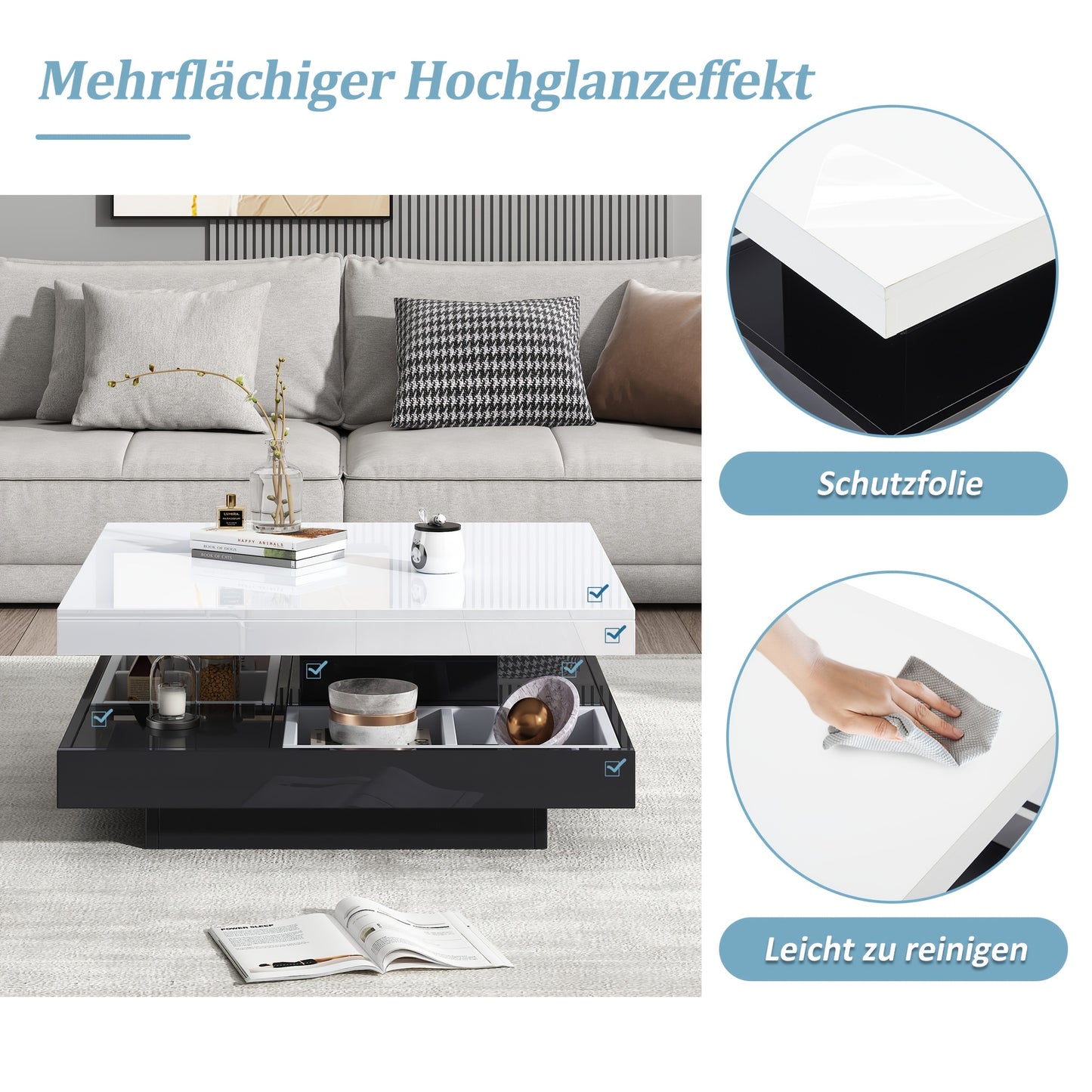 Salontafel – Koffietafel – Bijzettafel – Woonkamertafel – Lounge tafel – 360° Draaibaar – Hoogglans Wit Hardhouten Frame