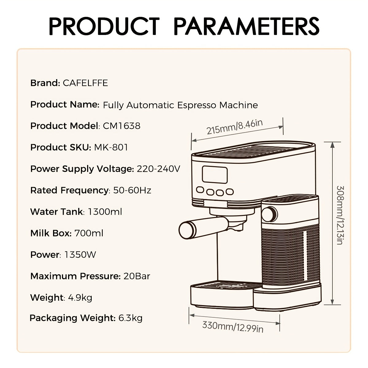Espressomachine – Koffiemachine – Halfautomaat – Cappuccinomachine – Latte Macchiatomachine – Automatisch Melkschuimsysteem – 20 BAR Pompdruk – 1,3L Watertank – Zelfreinigend