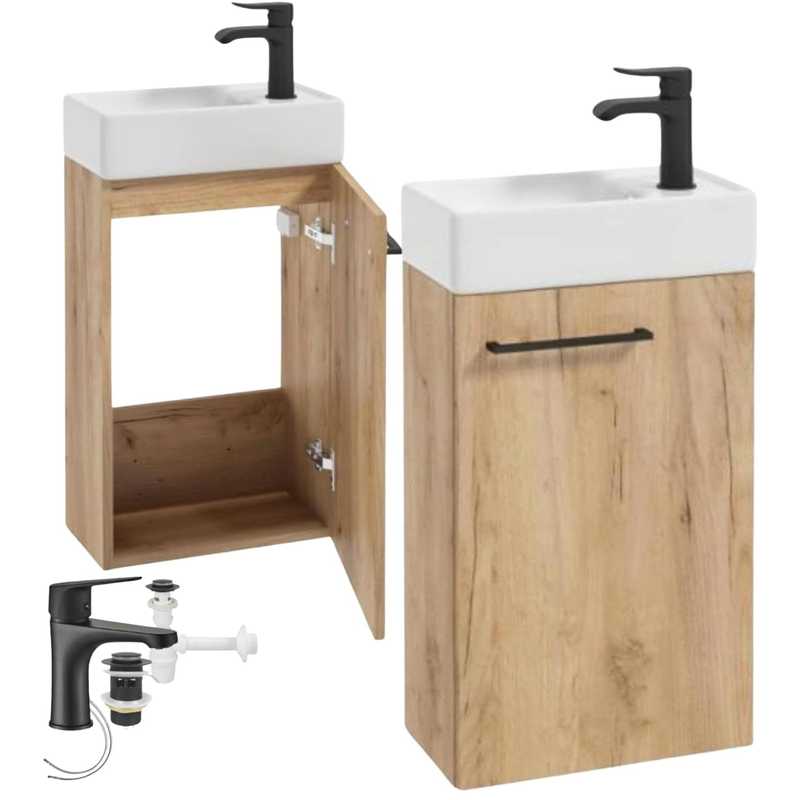 Badmeubel – Badkamermeubel – Wastafelonderkast – Hangend Kastje – Wastafelmeubel – Compact 60x40 cm – Multiplex Craft Oak – Zwarte Kraan