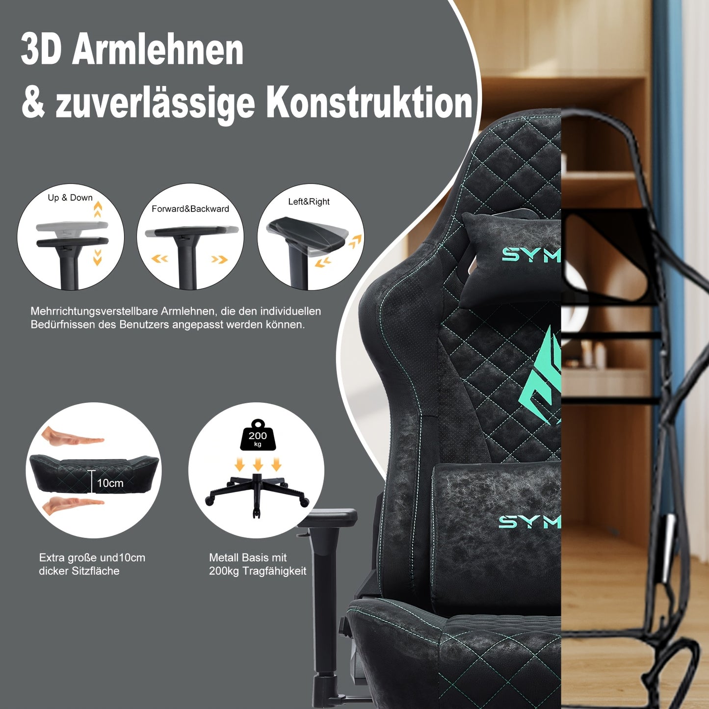Gaming Stoel – Bureaustoel – Racestoel – PC Stoel – Werkstoel – Ergonomisch Design – Verstelbare Rugleuning en Voetensteun – Zwart met Blauwe Accenten