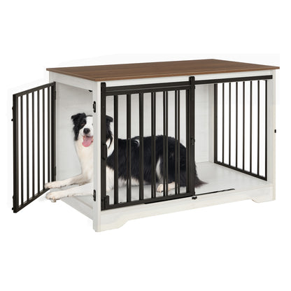 Hondenbench – Hondenkooi – Hondenhok – Hondenrek – Dierenbench – Wit Bruin – Duurzaam Hout & Staal – Heavy-Duty Anti-Kauw & Tweedelige Schuifdeuren – 60x100x68 cm