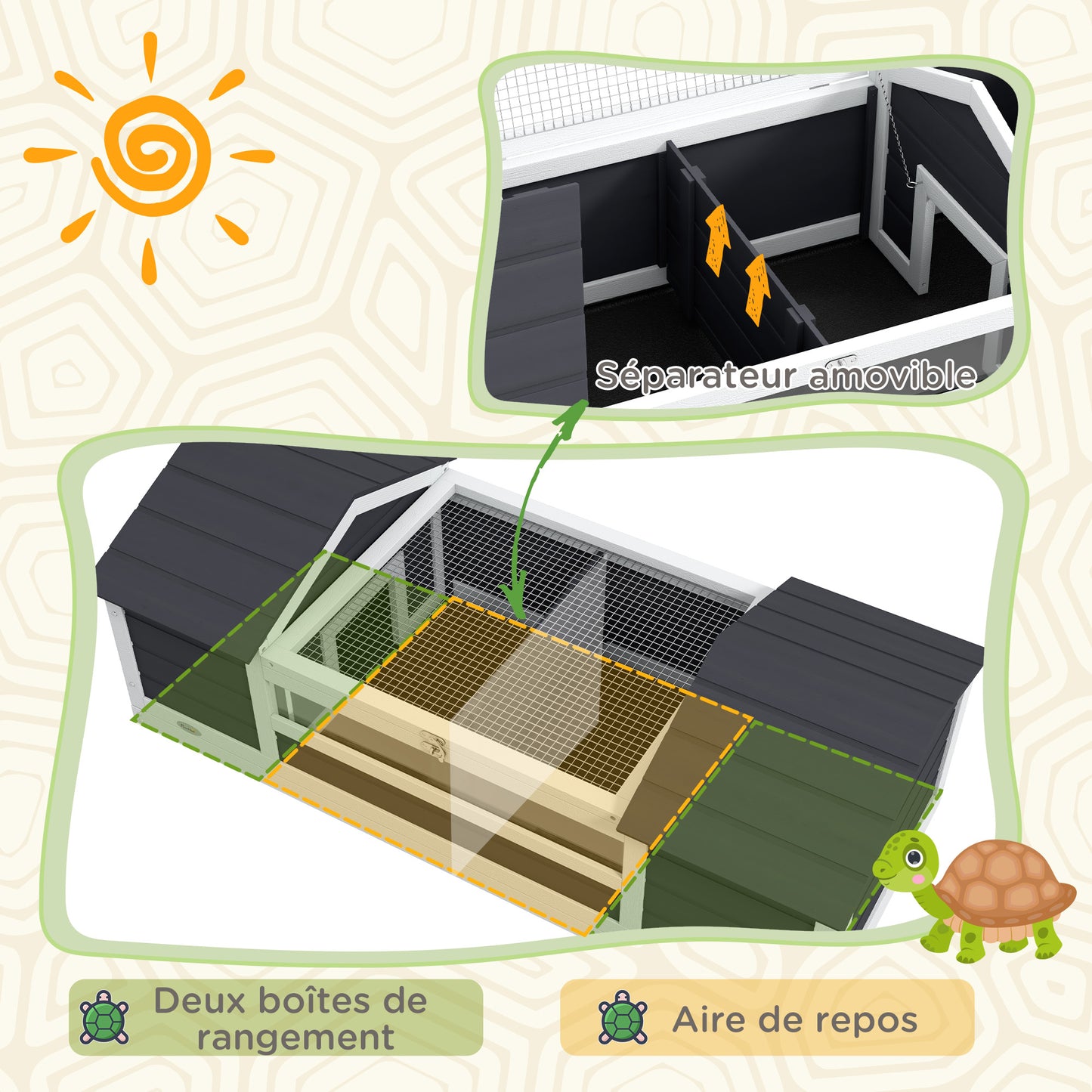 Schildpaddenhuis – Schildpaddenverblijf – Reptielenhuis – Landschildpaddenhok – Terrarium – Hout – Waterdicht Ontwerp – Verstelbare Lampenhouder – Open Dak – Verwijderbaar Tussenschot – Transparant Venster – 120x56,5x43 cm