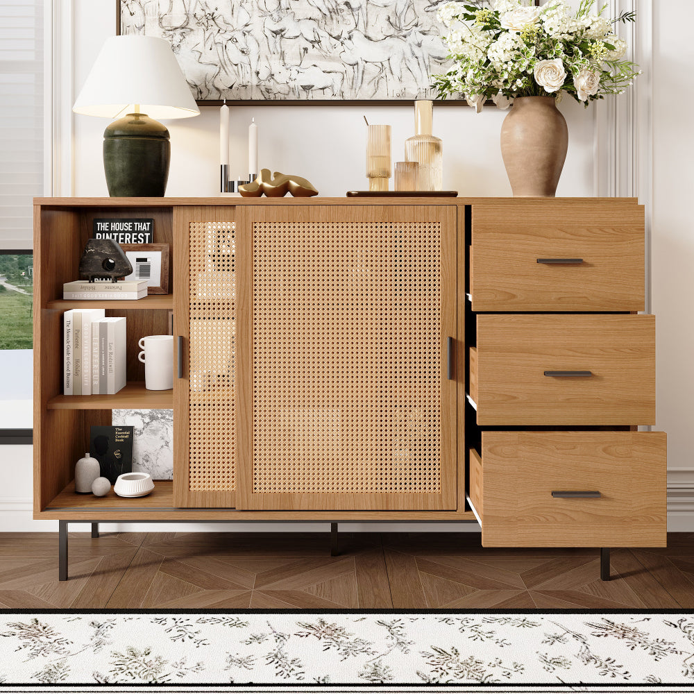 Modern Rustic Sliding Door Sideboard Cabinet with 2 Doors & 3 Adjustable Shelves - Large Storage Non-Wood Brown, Black Frame Buffet for, Dining Area - 140cm Wide Contemporary Furniture (Easy Assembly Required)