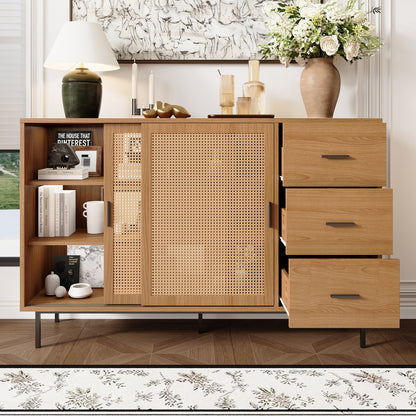 Modern Rustic Sliding Door Sideboard Cabinet with 2 Doors & 3 Adjustable Shelves - Large Storage Non-Wood Brown, Black Frame Buffet for, Dining Area - 140cm Wide Contemporary Furniture (Easy Assembly Required)