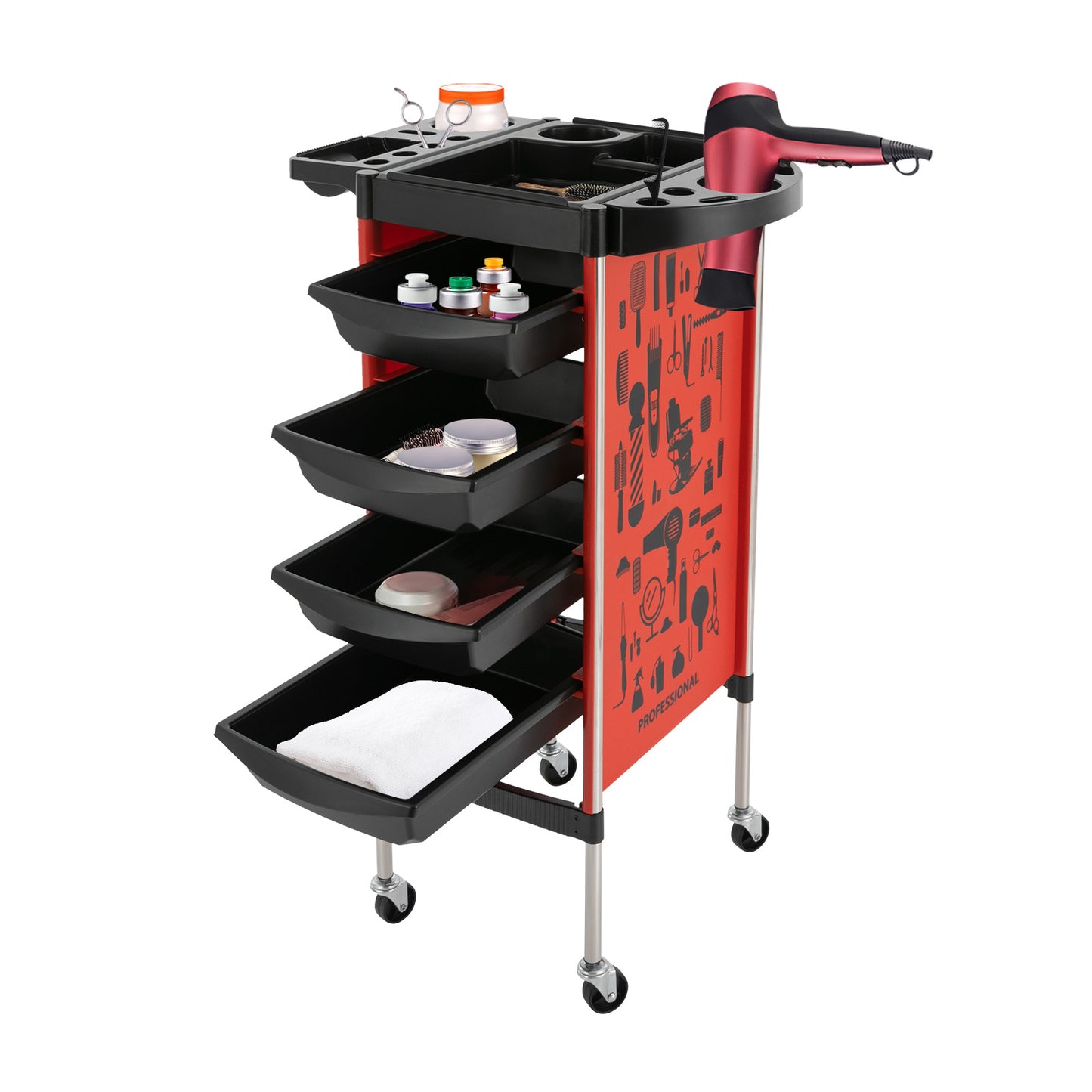Salonwagen – Kappers Trolley – Werkwagen – Beauty Trolley – Nagelwagen – 5 Lagen Met 4 Laden – Roestvrij Staal & Kunststof – 360° Draaibare Antislip Wieltjes – Zonder Elektriciteit