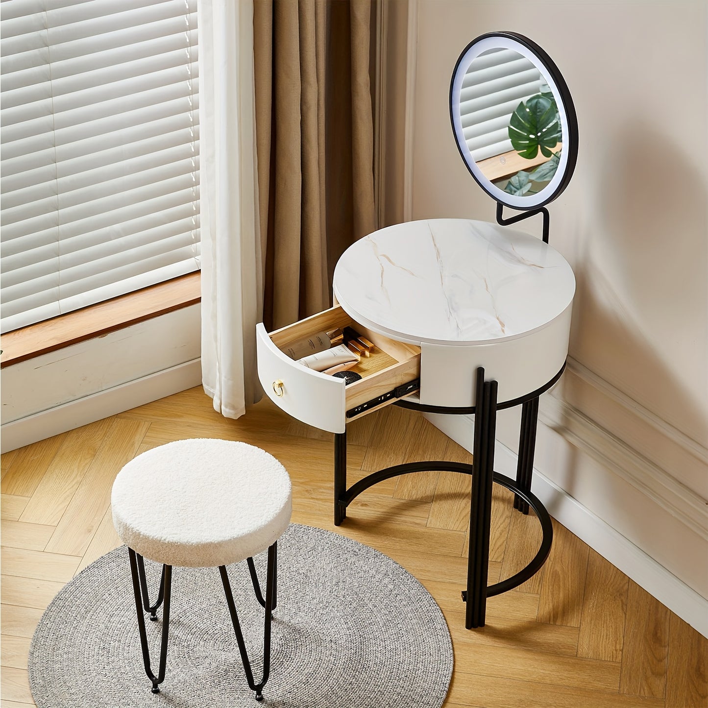 Make-up Vanity – Make-uptafel – Schminktisch – Make-up Bureau – Make-up Meubel – Wit – Rond Design – Sintered Stone Blad – Inclusief Kruk en Spiegel