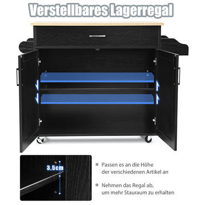 Keukentrolley – Serveerwagen – Keukenkast – Opbergtrolley – Keukenkar – Zwart – Met Handdoekhouder en Kruidenrek – Verstelbare Plank en Lade