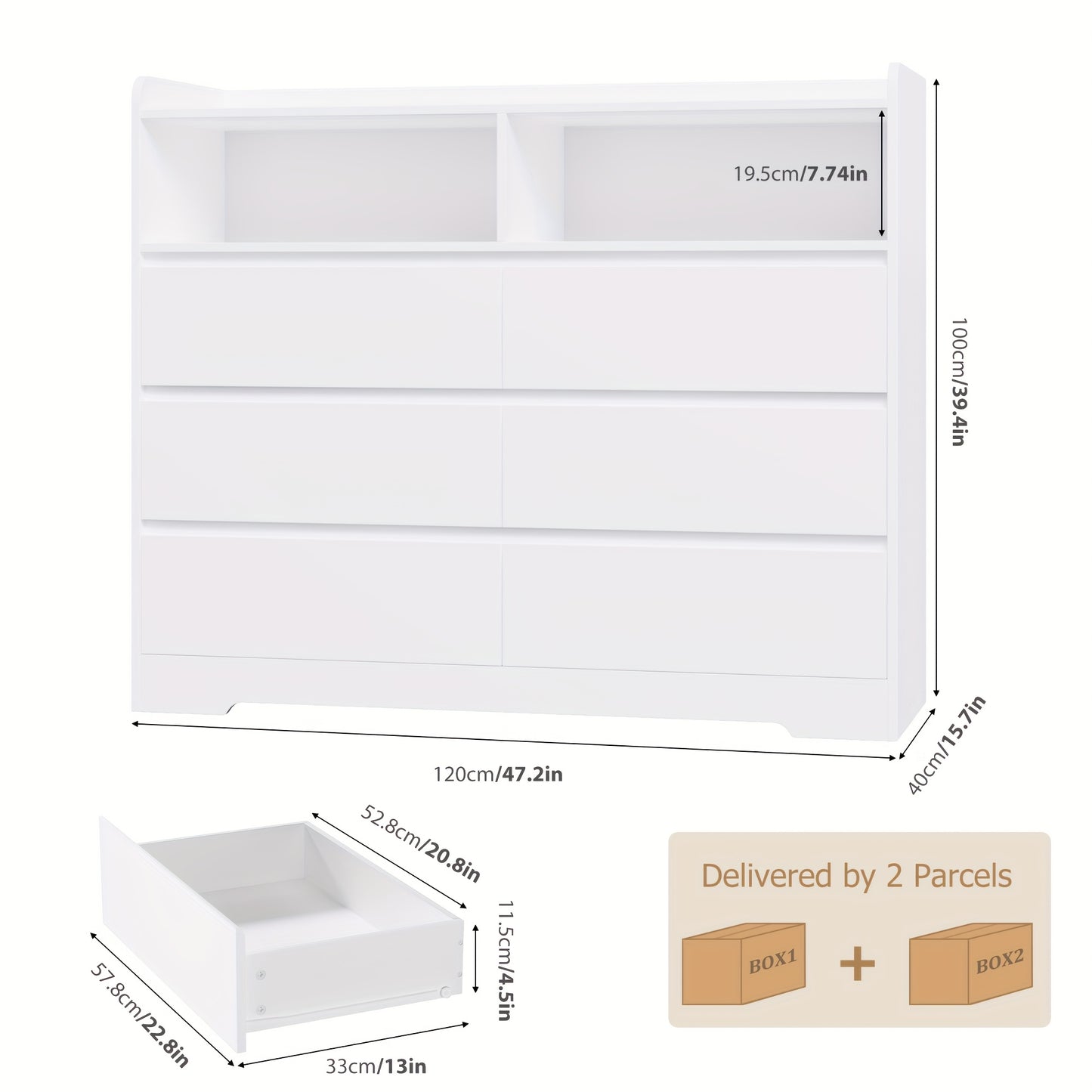 Brede Ladekast – Ladekast Met Lades – Opbergkast – Dressoir – Kast Met Open Vakken – Modern Wit Design – 6 Ruime Lades Met 2 Open Vakken – Stevig Kunststof En Massief Hout
