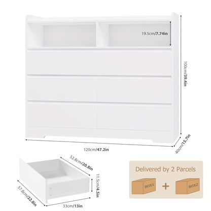 Brede Ladekast – Ladekast Met Lades – Opbergkast – Dressoir – Kast Met Open Vakken – Modern Wit Design – 6 Ruime Lades Met 2 Open Vakken – Stevig Kunststof En Massief Hout