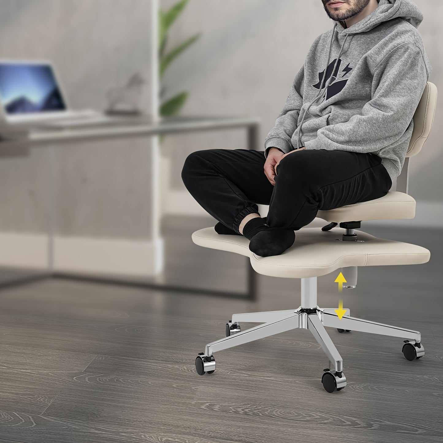 Meditatiestoel – Kruisbeenzitstoel – Verstelbare Kantoorstoel – Yoga Stoel – Wieltjes Met Rem – Hoogte Verstelbaar – Stevig Metalen Frame – Comfortabel Ivoorwit