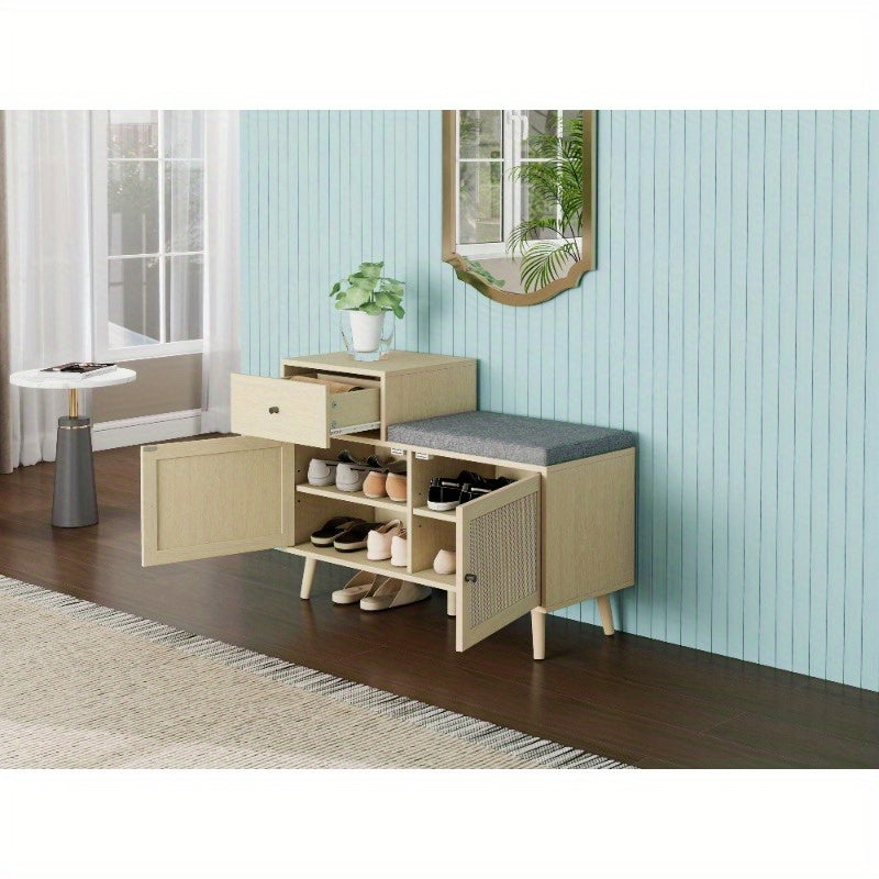Schoenenbank – Schoenenkast – Halbank – Schoenopberger – Opbergmeubel – Rattan Geweven Deuren – Geïntegreerde Opberglade – Bekleed Zitoppervlak – Metaal Met Houtlook – 90x35x65 cm