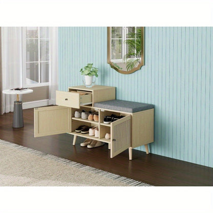 Schoenenbank – Schoenenkast – Halbank – Schoenopberger – Opbergmeubel – Rattan Geweven Deuren – Geïntegreerde Opberglade – Bekleed Zitoppervlak – Metaal Met Houtlook – 90x35x65 cm