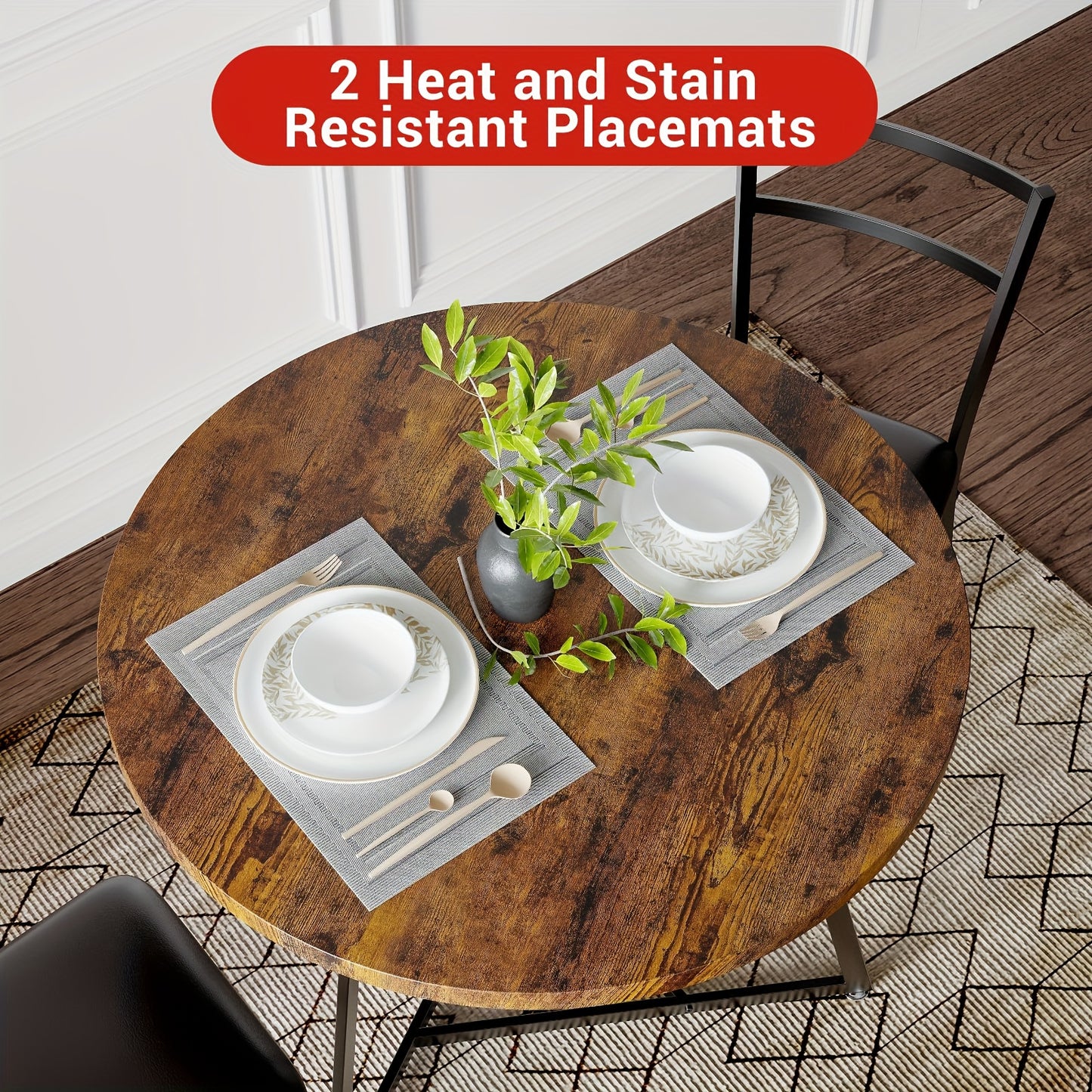 Ronde Eettafelset 2 Personen – Eettafel Rond – Tafel Met Stoelen – Compacte Eettafel – Kleine Eettafelset – Houtlook Tafelblad – Zwart Metalen Onderstel – Ruimtebesparend Ontwerp – Comfortabele Beklede Stoelen