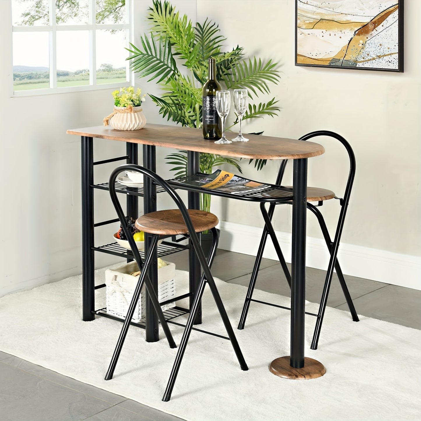 Eettafel – Tafel – Keukentafel – Eethoek – Kloostertafel – Industrieel Design – Massief Hout Met Opbergruimte – Inklapbare Krukjes – Bruin