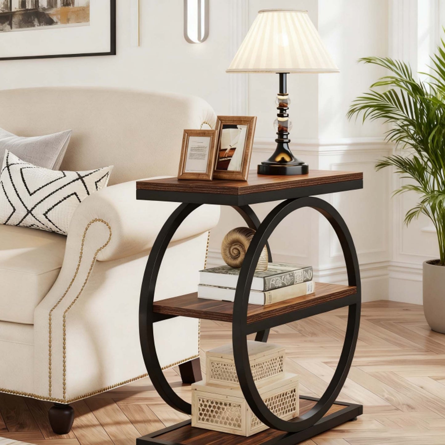 Wood Side Table with Black Metal Frames, Narrow End Table with 3 Storage Shelves, Industrial Small Sofa Side Table for Living Room, Slim Nightstand and Bedside Table for Reception Room, Christmas Holiday Decor, Versatile Acce