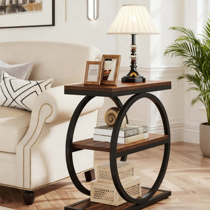 Wood Side Table with Black Metal Frames, Narrow End Table with 3 Storage Shelves, Industrial Small Sofa Side Table for Living Room, Slim Nightstand and Bedside Table for Reception Room, Christmas Holiday Decor, Versatile Acce