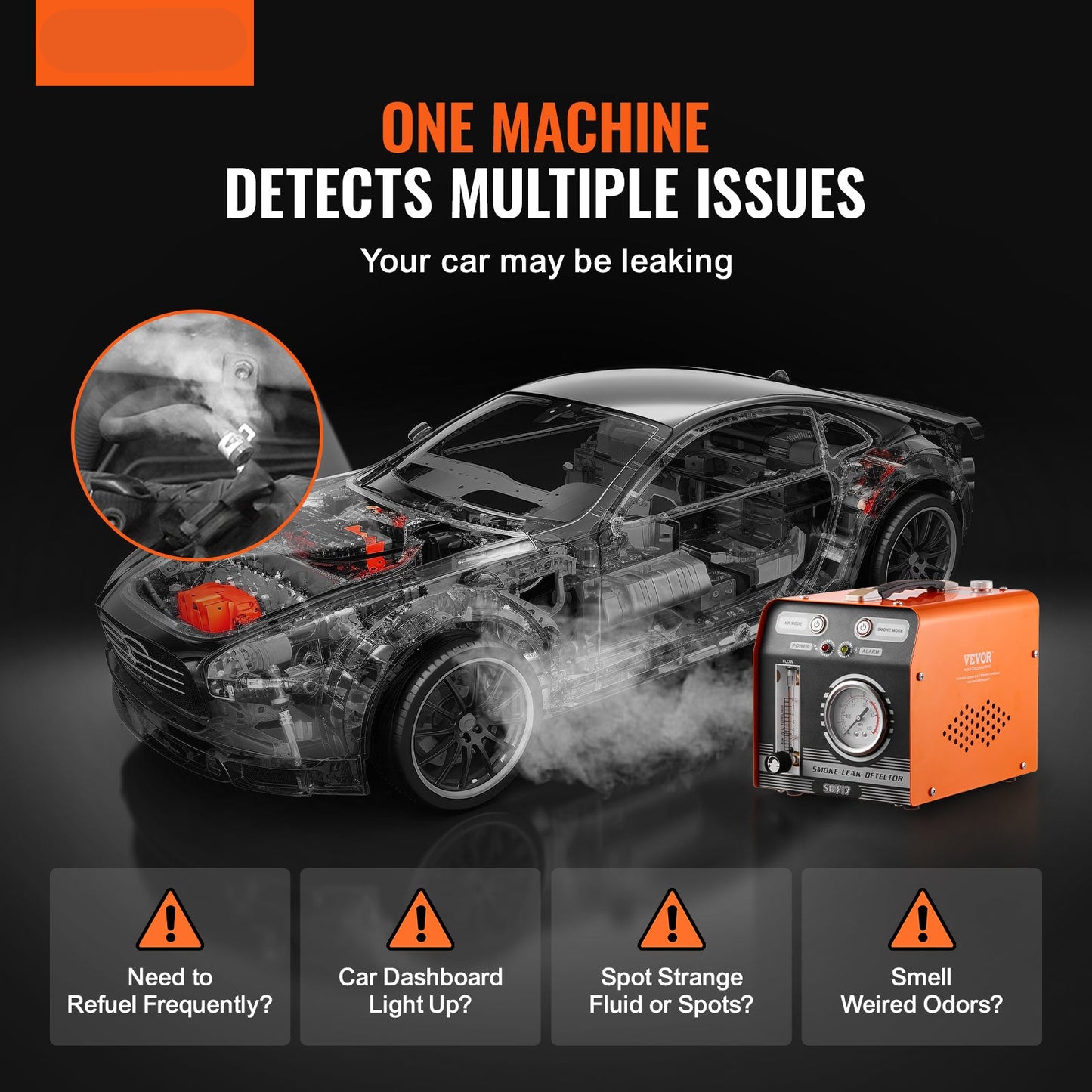 Rookmachine Auto – Lekdetector – Lekkagetester – Smoke Leak Detector – Rookgenerator Voertuig – Ingebouwde Luchtpomp 8L/min – Digitale Drukmeter & Flowmeter – Oranje Zwart