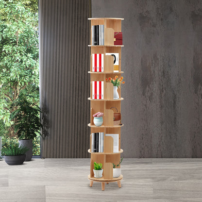 Boekenplank – Boekenrek – Boekenkast – Rotatieplank – Opbergmeubel – 6 Laags – 360° Draaibaar – Gemaakt Van Dennen- En Beukenhout – Compact Design 45 cm Diameter