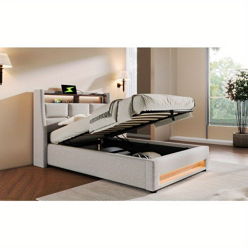 Eenpersoonsbed – 1-persoonsbed – Bed – Slaapbed – Logeerbed – Metalen Frame – Linnen Bekleding – Inclusief Matras – 90x200 cm