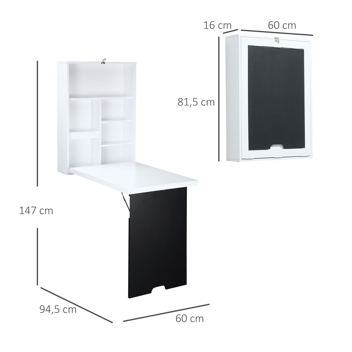 Inklapbare Wandtafel – Vouwtafel – Klaptafel – Muurbureau – Wandbureau – Space Saving Ontwerp – MDF Schoolbord Wit