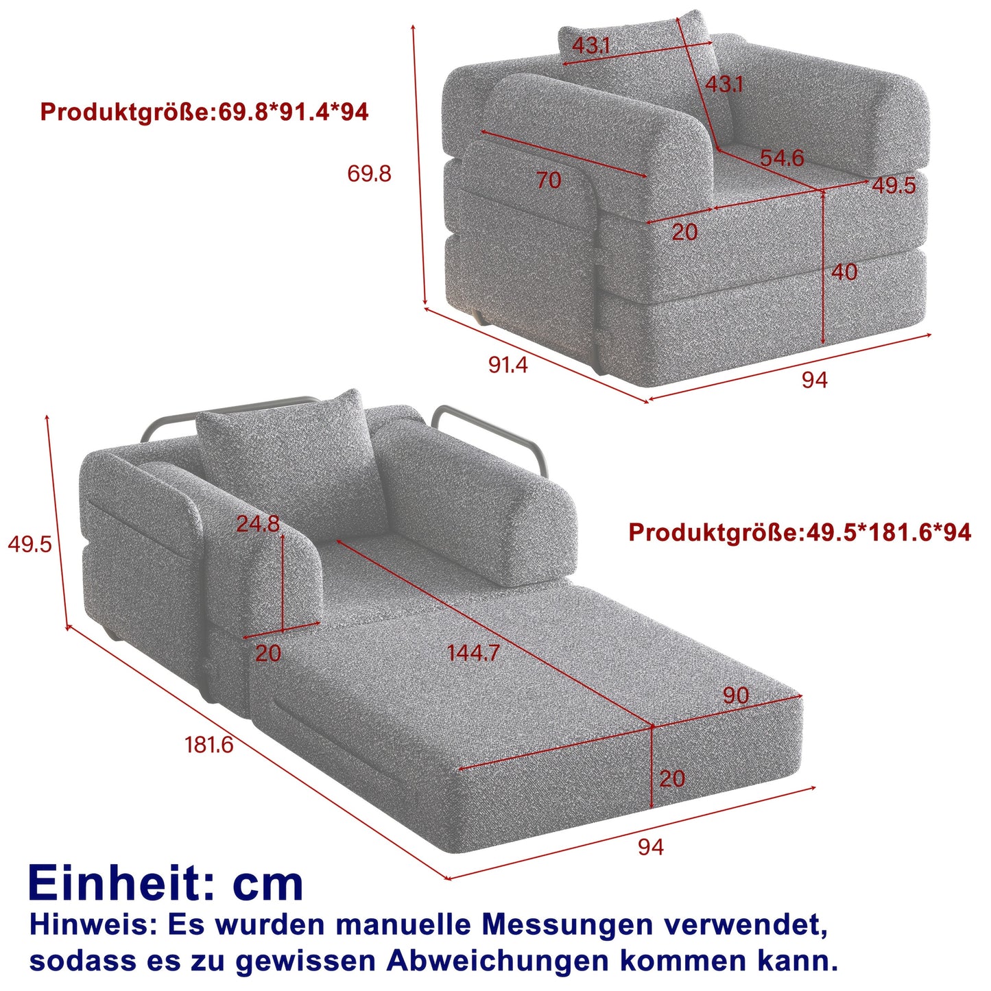 Slaapbank – Bedbank – Sleeperbank – Multifunctionele Bank – Convertible Sofa – Grijs – Ruimtebesparende Bergruimte – Metaalframe Zonder Hout