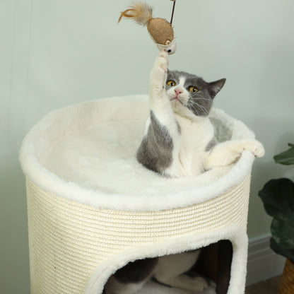 Katzenkrabpaal – Krabton – Kattenpaal – Kattenboom – Kattenhuis – Crèmewit – Drie Niveaus – Sisal Krabpaal – 80 cm Hoog – Ø 40 cm