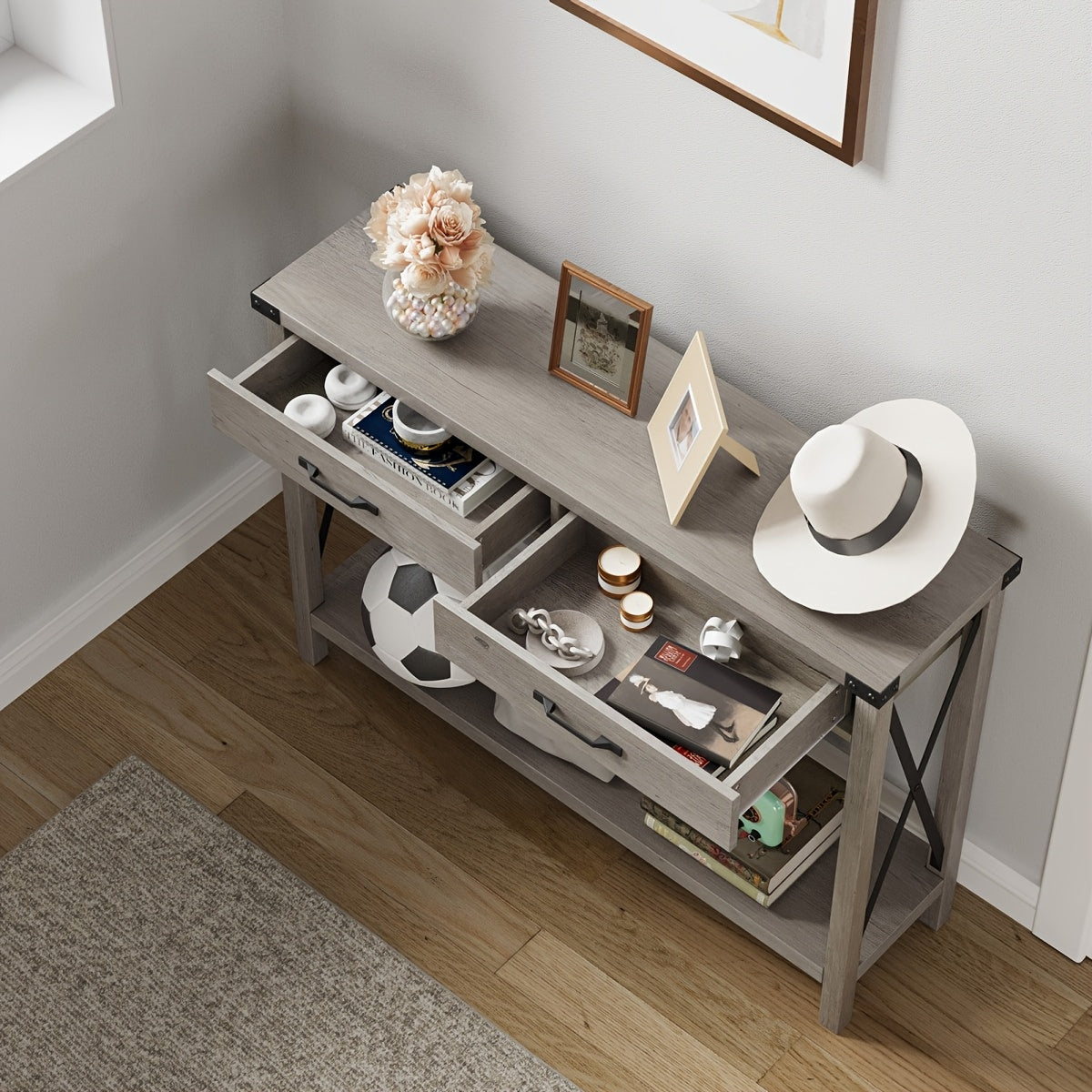 Farmhouse Sidetable – Haltafel – Console Tafel – Sofa Tafel – Sidetable met Lade – Grijs – MDF & Metaal – Compact Ontwerp 110x30 cm