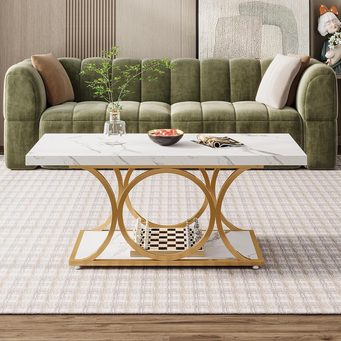 Salontafel – Koffietafel – Woonkamertafel – Tafel – Bijzettafel – Wit & Goud – 120 cm – 2-laags met Opbergruimte