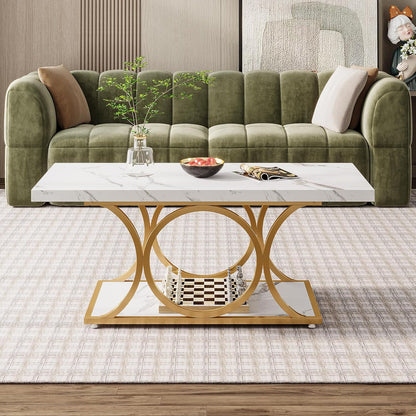 Salontafel – Koffietafel – Woonkamertafel – Tafel – Bijzettafel – Wit & Goud – 120 cm – 2-laags met Opbergruimte